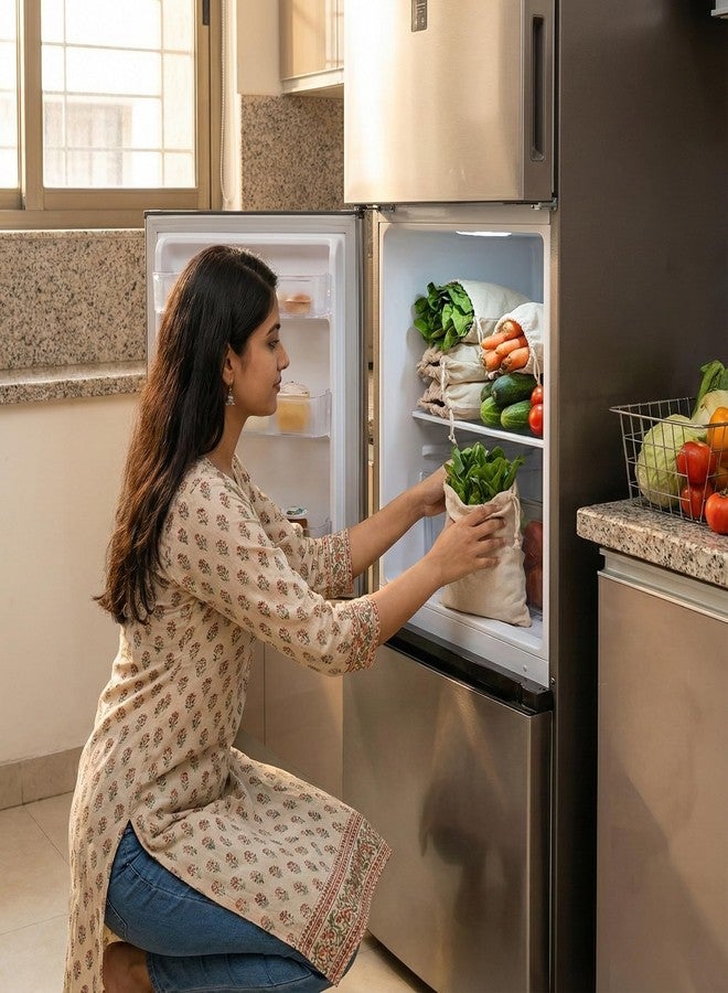 أكياس جرينفولد قابلة لإعادة الاستخدام للخضراوات، مصنوعة من القطن الخالص ١٠٠٪، مقاس ١٢×١٤ بوصة، مناسبة للثلاجة | أكياس تخزين صديقة للبيئة | ١٠ قطع | أكياس قماشية قابلة للغسل وجيدة التهوية للخضراوات | منظم مطبخ خالٍ من البلاستيك - Image 2
